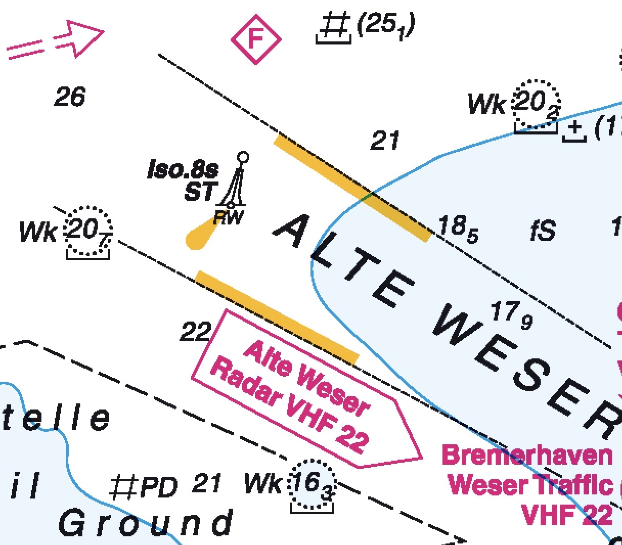 Darstellung einer Bakentonne (Zufahrt zum Fahrwasser Alte Weser) in der Seekarte.