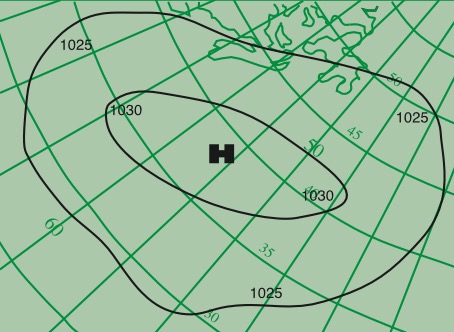 Hoch auf der Nordhalbkugel mit Isobaren und Angabe des Luftdrucks in hPa.