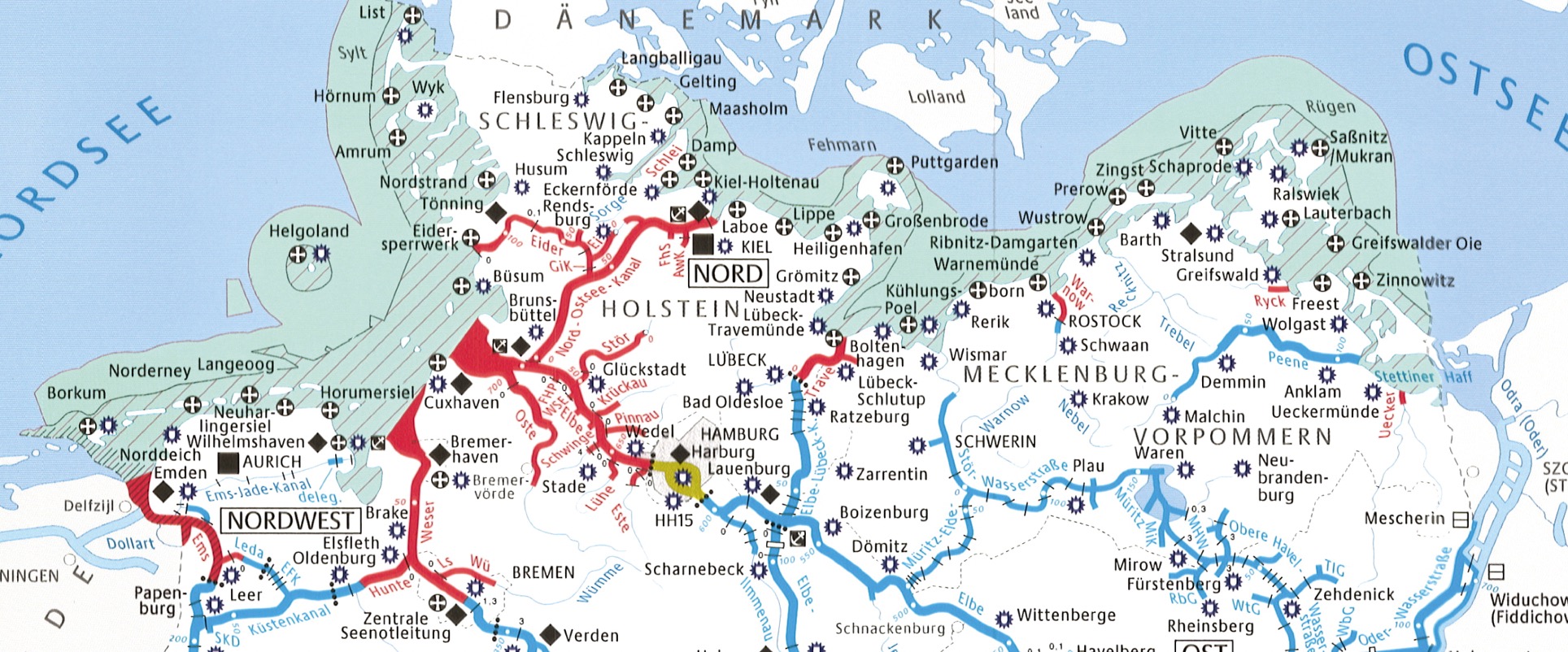 Der Geltungsbereich der SeeSchStrO setzt sich zusammen aus den rot-schraffierten Flächen (der 3-sm-Zone ab Basislinie) und den roten Binnenwasserstarßen.