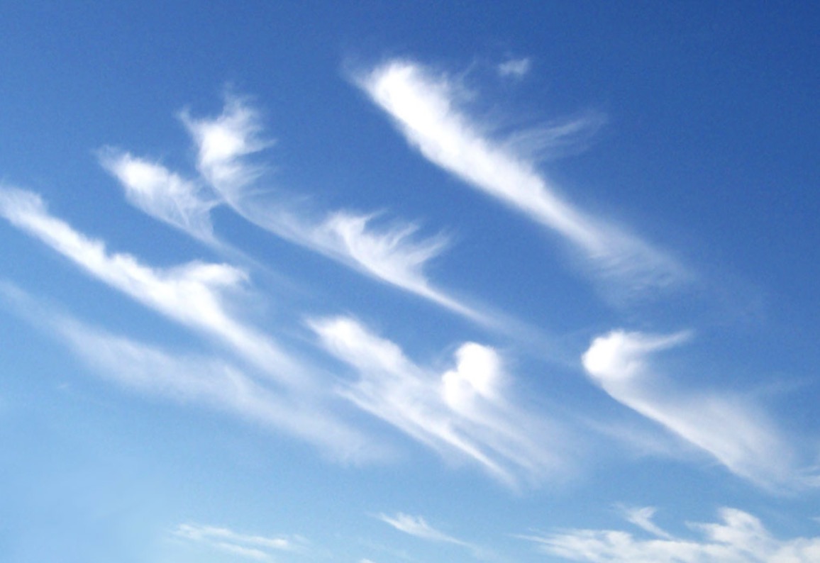Cirrus uncinus, die Haken werden von einer Höhenströmung erzeugt.