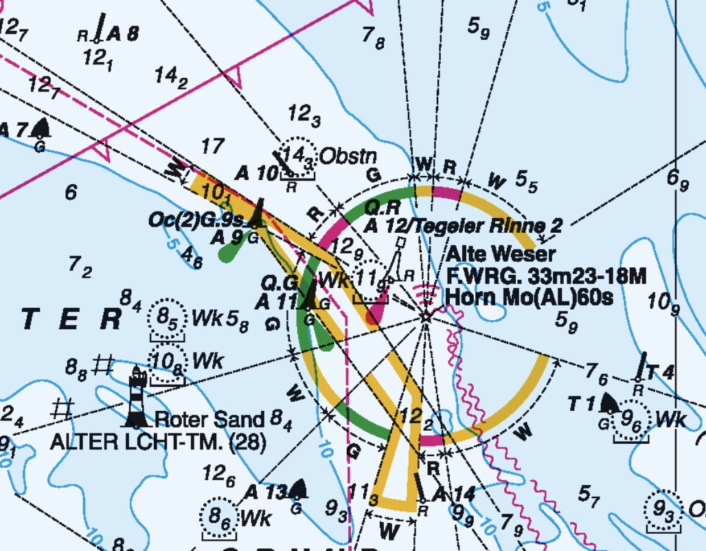 Leuchtturm Alte Weser in der Seekarte.