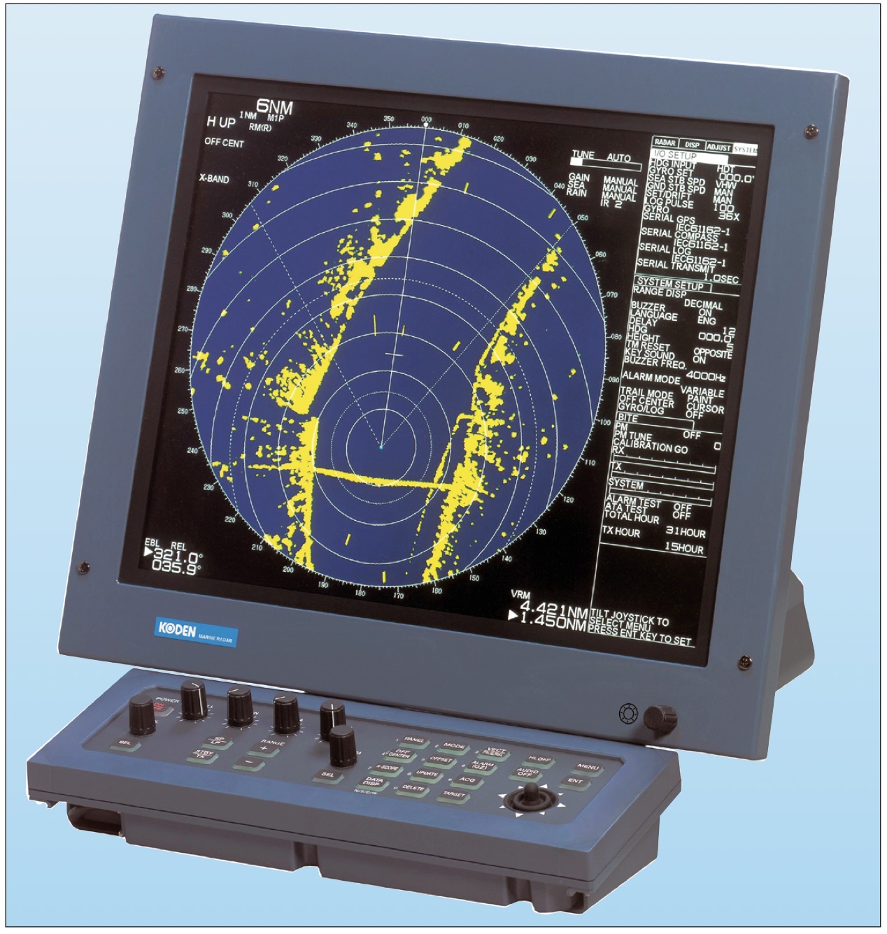 Radar im Head Up-Modus. Ufer rechts und links, achteraus eine Brücke achteraus, Fahrwassertonnen mit Echospuren achteraus und an Steuerbord voraus.