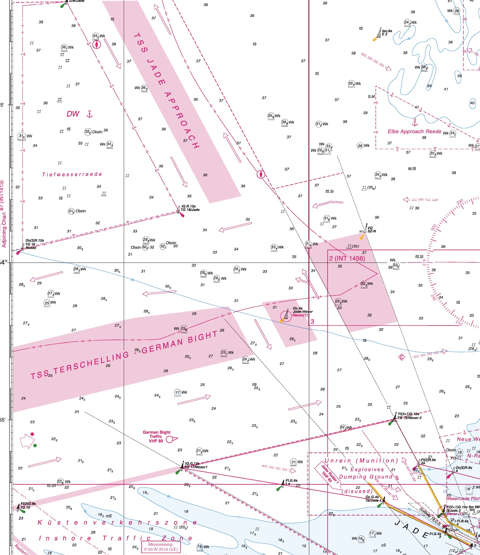 Verkehrstrennungsgebiete Terschelling-German Bight und Jade Approach mit Trennzonen und Einbahnwegen.