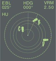 Schematisches Radarbild. Head Up (HU). Der Steuerstrich zeigt nach oben (HDG 000˚). Das Bild zeigt drei Echos, die als Schiffe geortet wurden und mit B, C und D markiert sind. Peillineal (EBL 025˚) und variabler Messring (VRM 2,50 sm) sind auf B gelegt. 